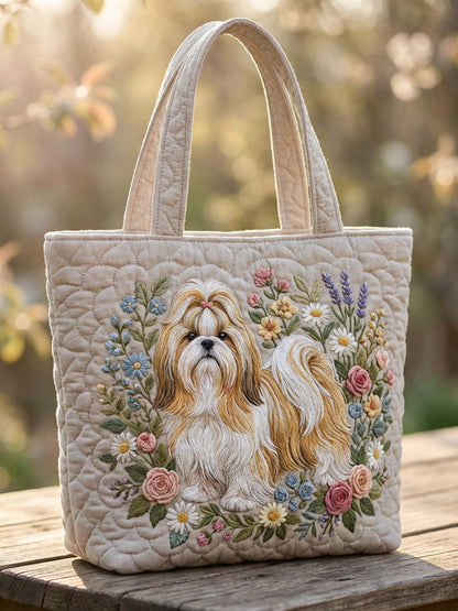 Shih Tzu Dog And Flower Quilted Tote Bag