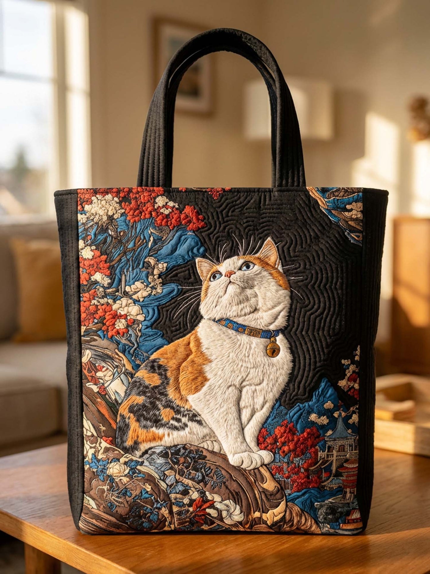Ukiyo-E Cat Quilted Tote Bag