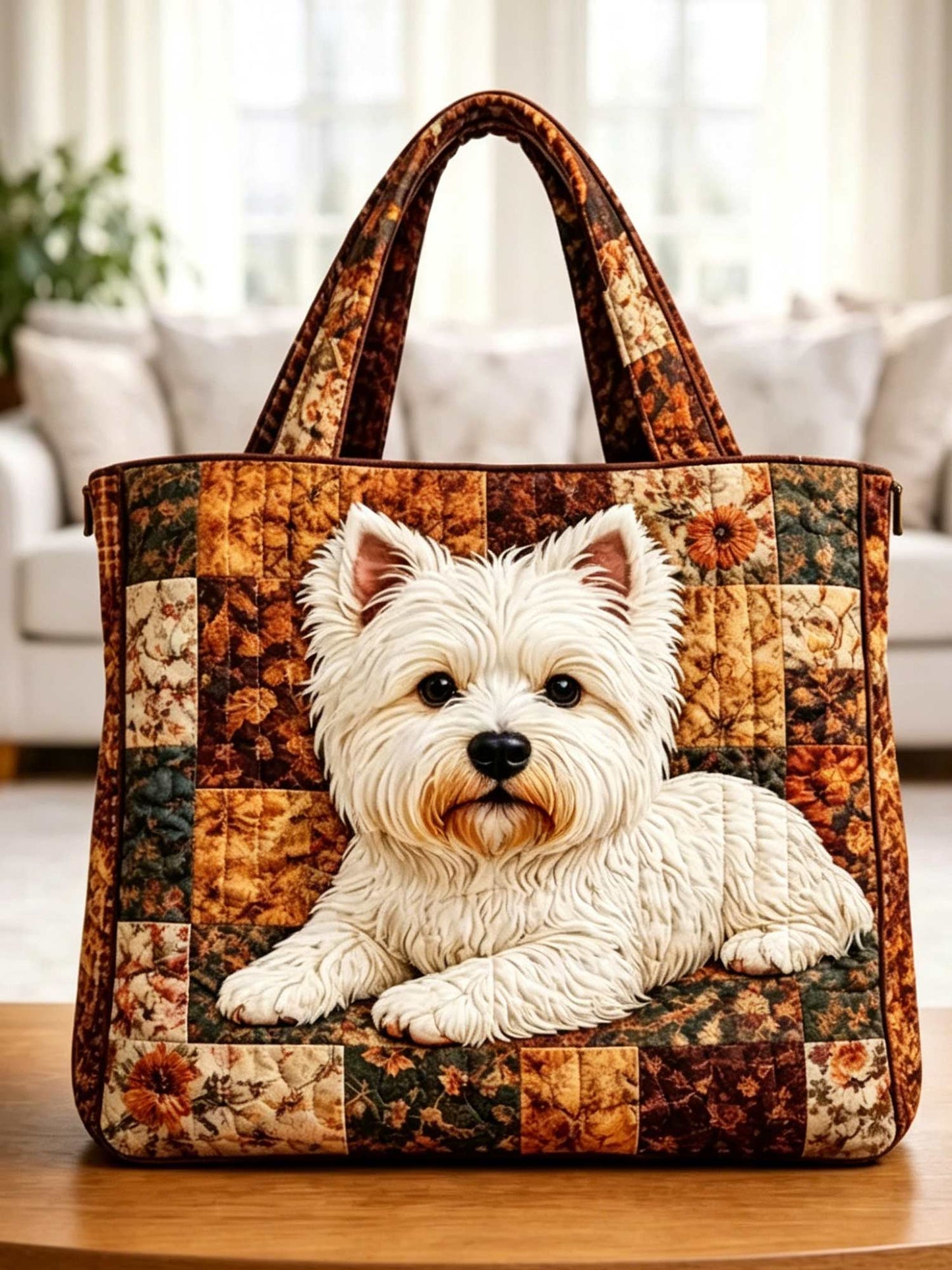 Retro Patchwork Puppy Pattern Print Quilted Tote Bag