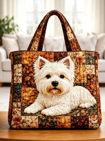 Retro Patchwork Puppy Pattern Print Quilted Tote Bag