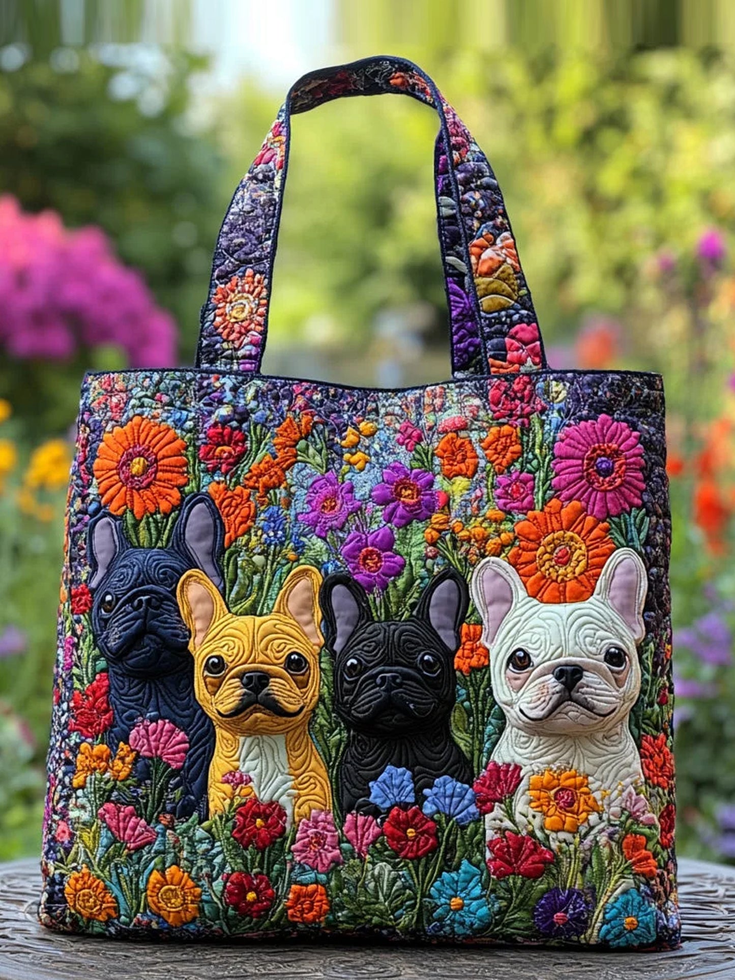 Quilted handbag with puppy and flower pattern
