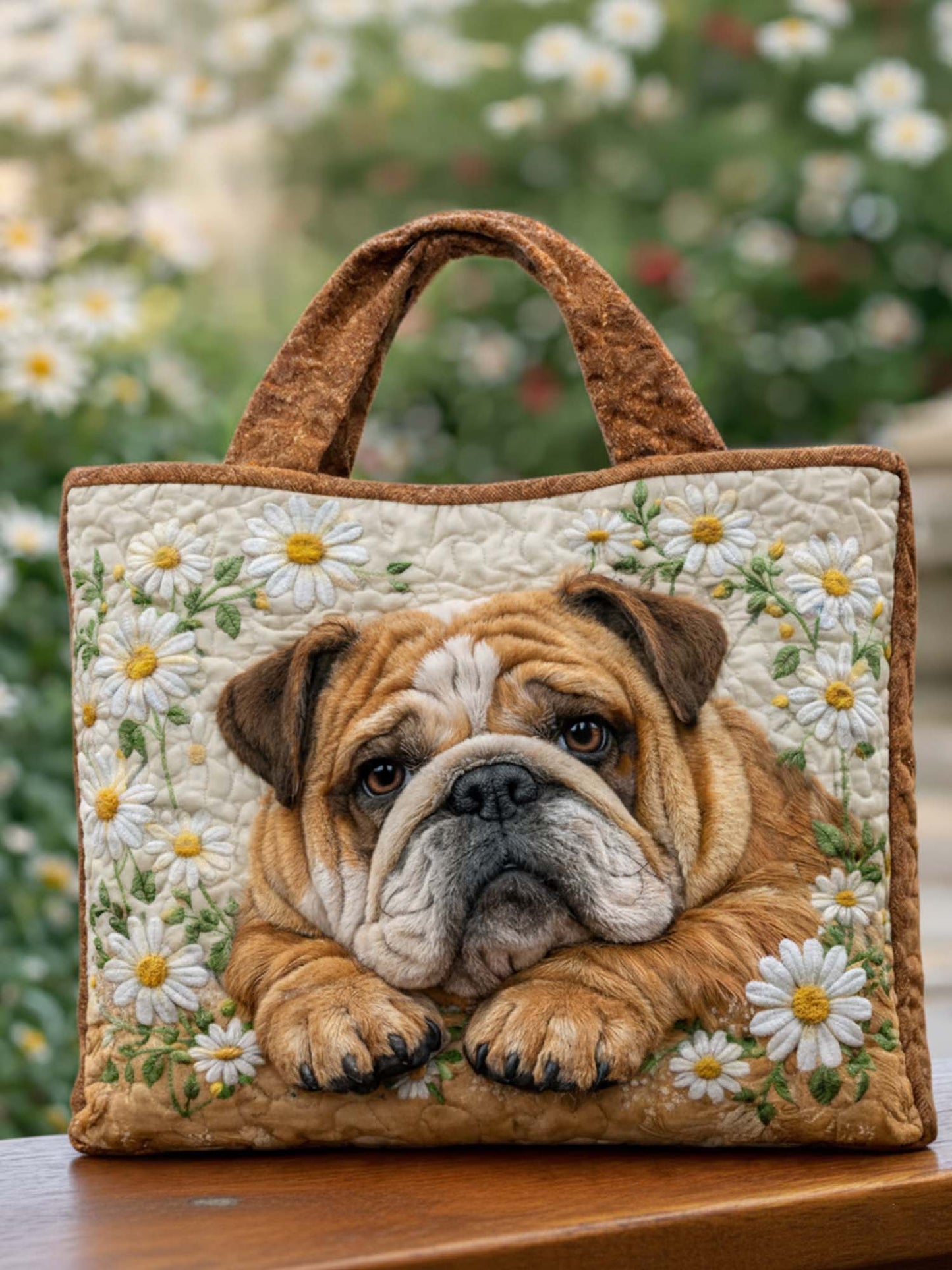 Bulldog And Flowers Quilted Tote Bag
