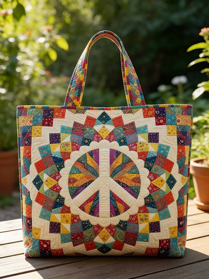 Hippie Peace Patchwork Quilted Tote Bag