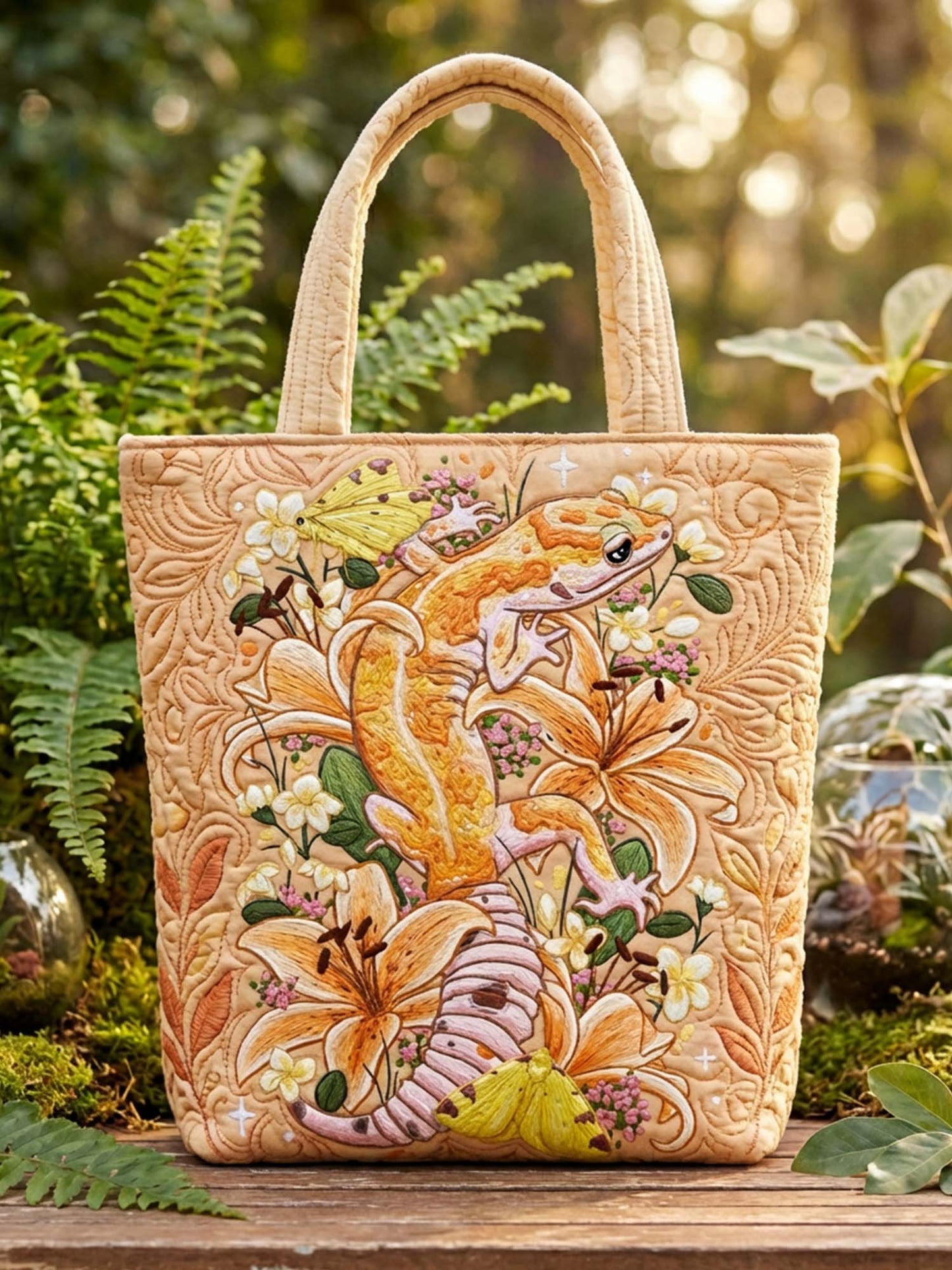 Flower And Gecko Quilted Tote Bag