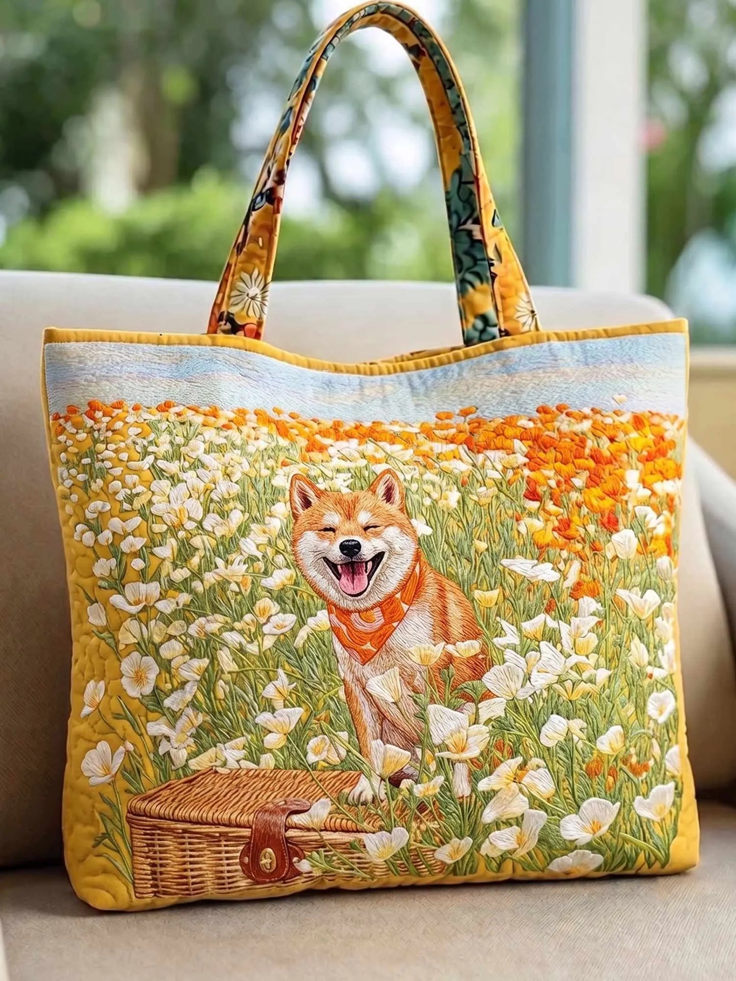 Wildflower Meadow Shiba Inu Quilted Tote Bag