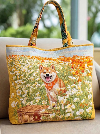 Wildflower Meadow Shiba Inu Quilted Tote Bag