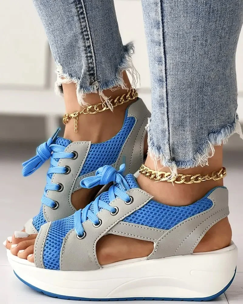 Contrast Paneled Cutout Lace-up Muffin Sandals