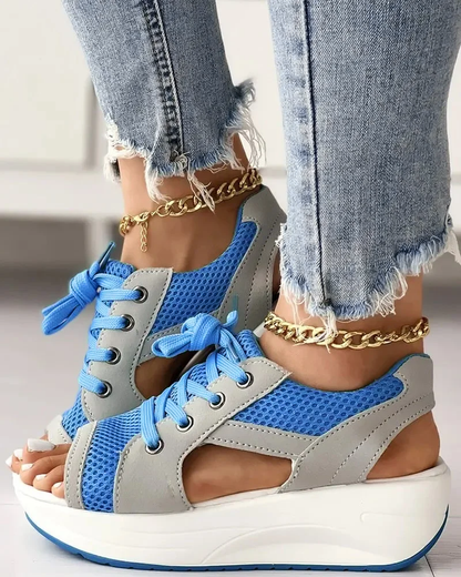 Contrast Paneled Cutout Lace-up Muffin Sandals