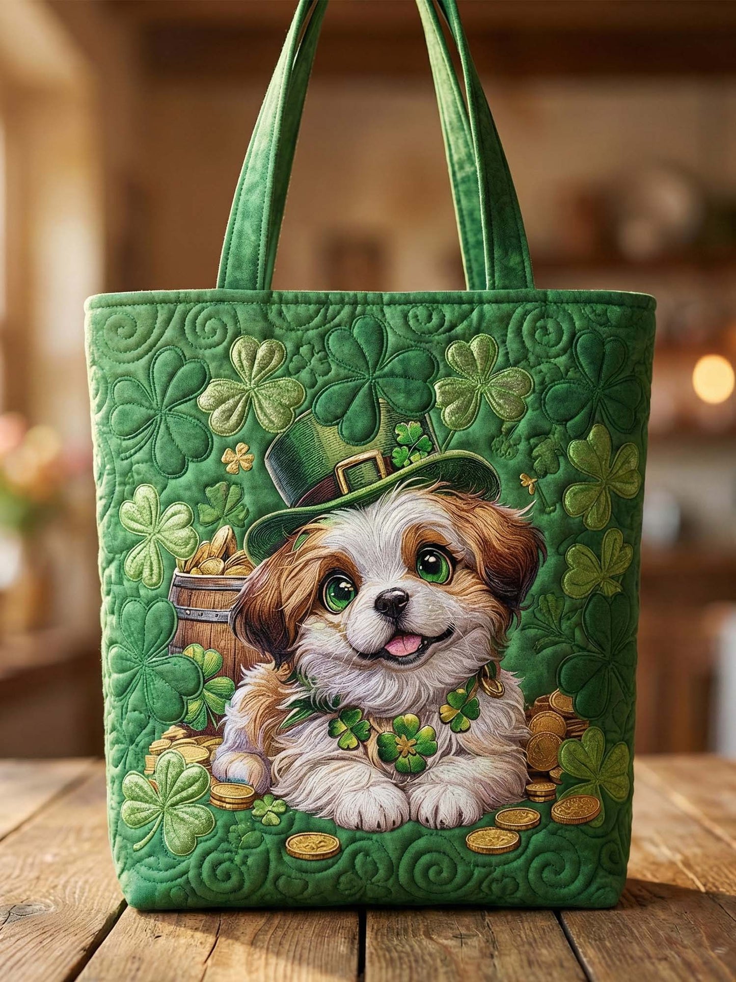 St. Patrick's Day Irish Shamrock Dog Quilted Tote Bag