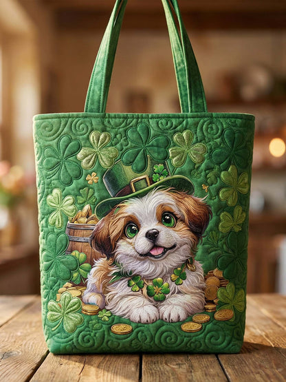St. Patrick's Day Irish Shamrock Dog Quilted Tote Bag