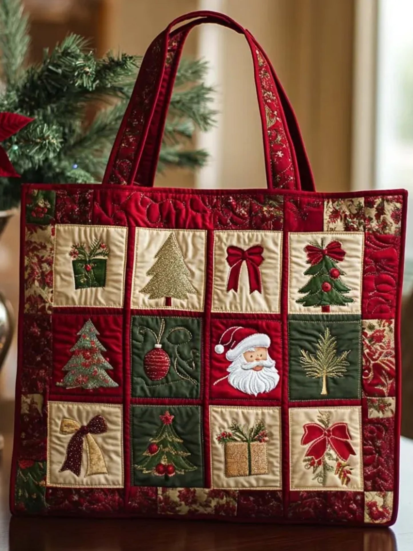 Christmas  Santa Claus   plants   Christmas trees   Bow    Gift Box  Quilted Tote Bag