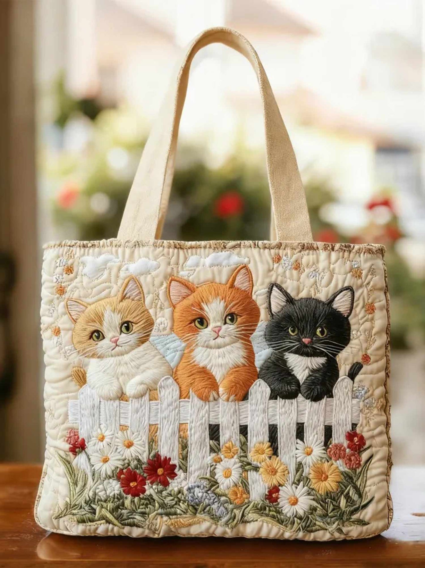 Feline Blossoms Quilted Tote Bag