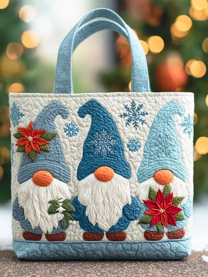 Poinsettia Frost Gnome Quilted Tote Bag