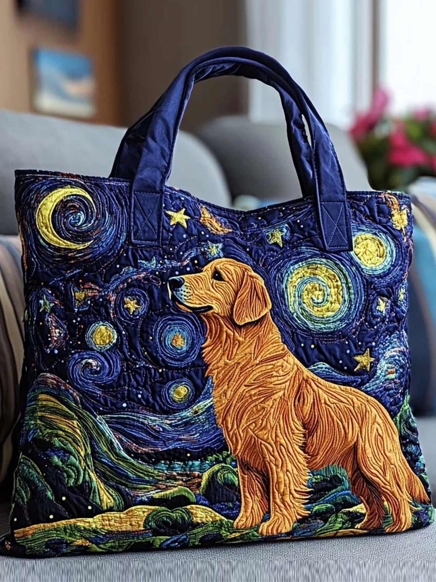 Starry Night Dog Quilted Tote Bag