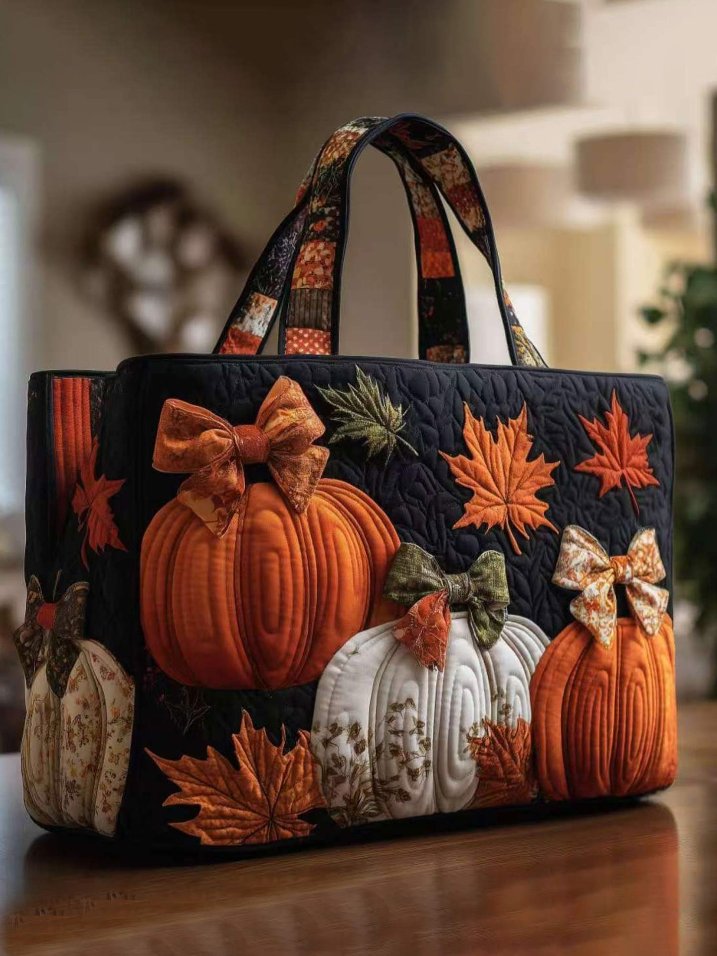 Christmas bow-print pumpkin quilted tote bag