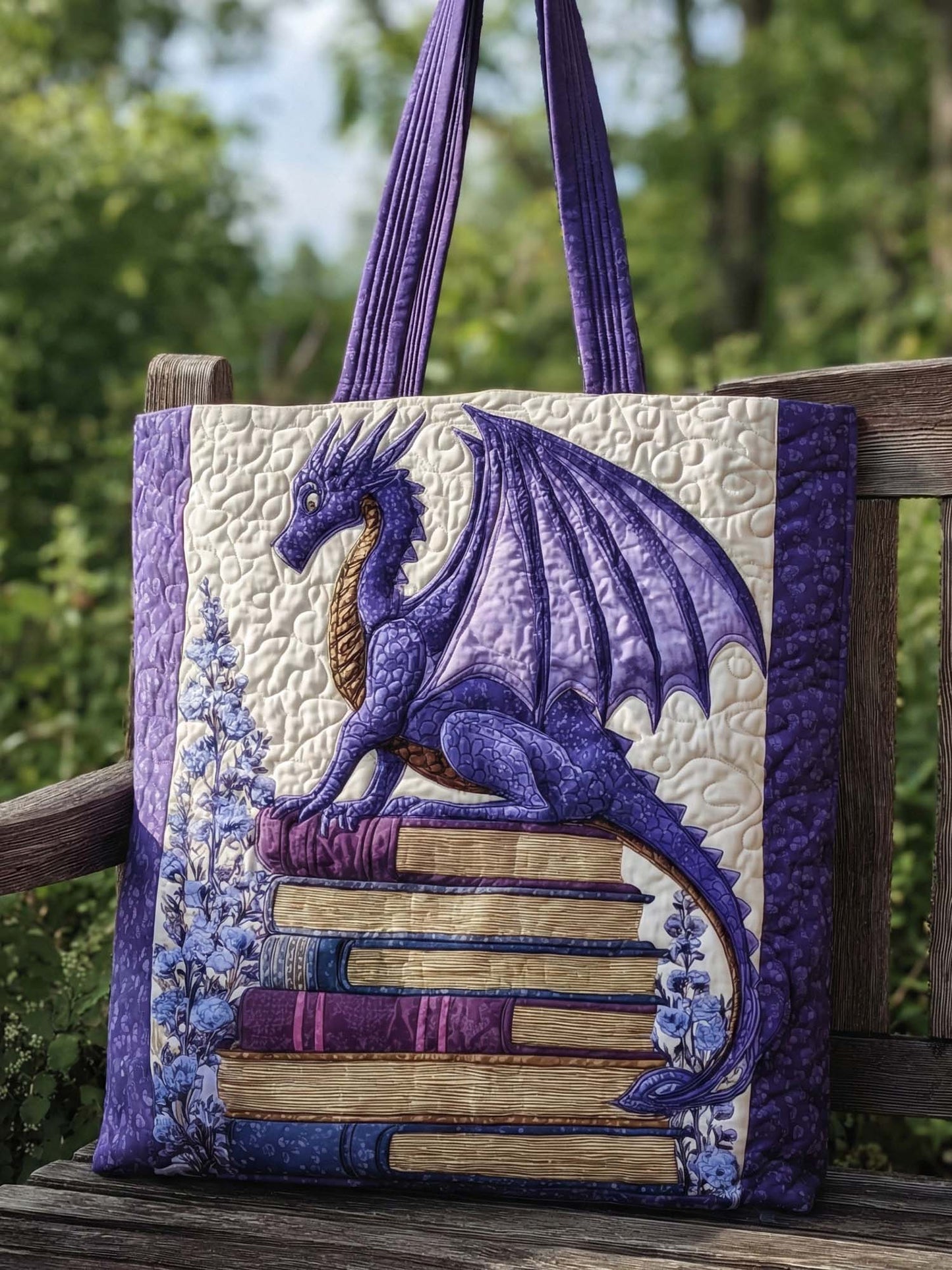 Purple Dragon And The Book Quilted Tote Bag