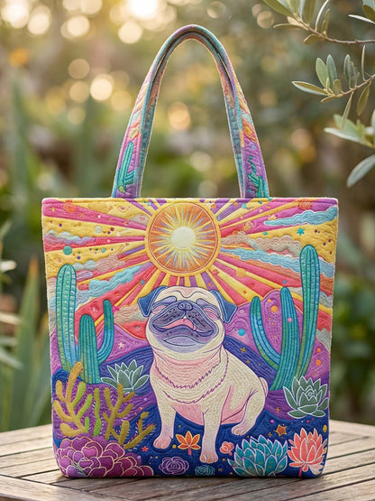 Pug Dog And Cactus Quilted Tote Bag