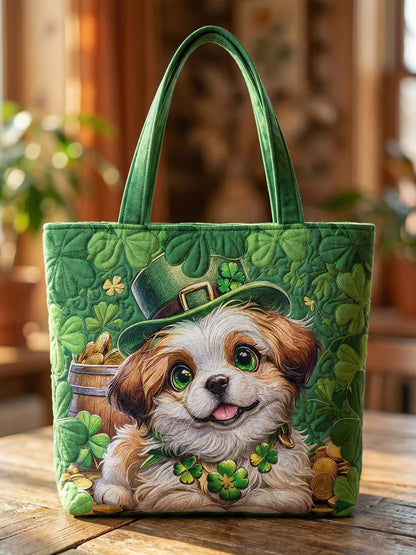 St. Patrick's Day Irish Shamrock Dog Quilted Tote Bag