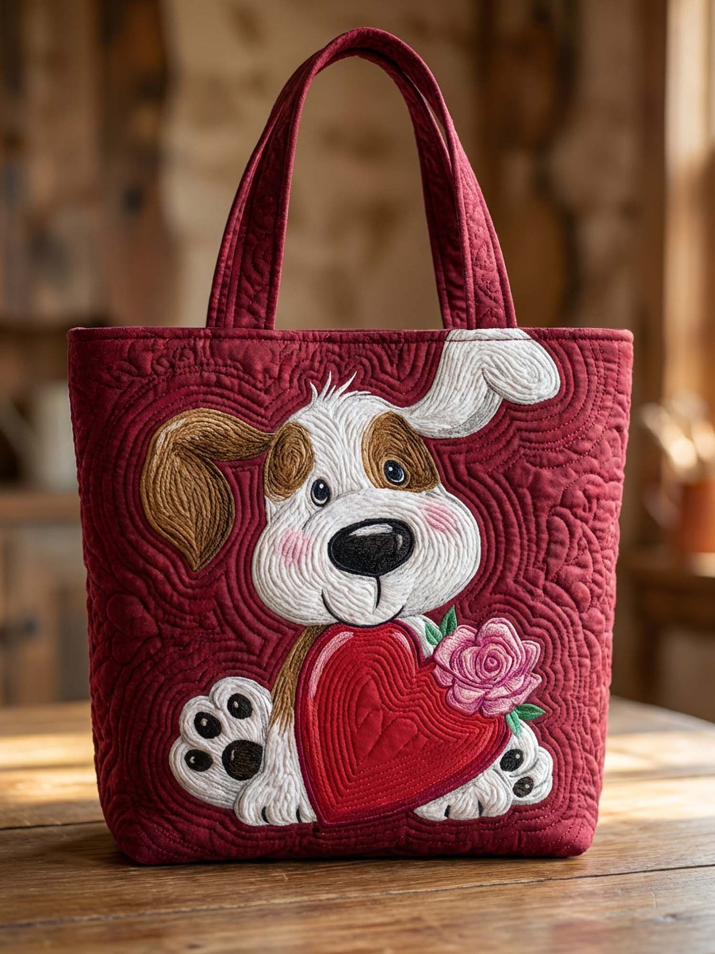 Puppy And Hearts Quilted Tote Bag