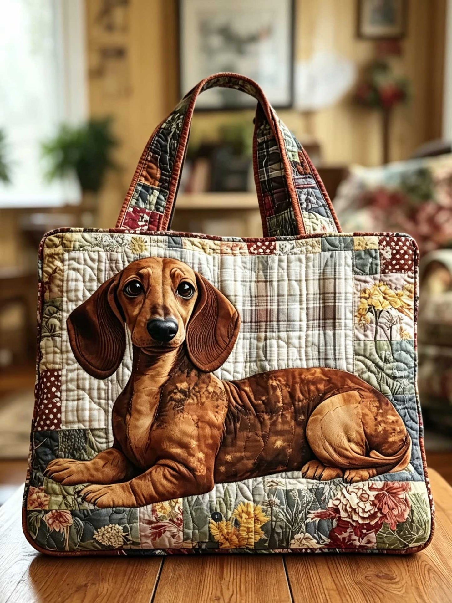 Floral Patchwork Dachshund Pattern Print Quilted Tote Bag