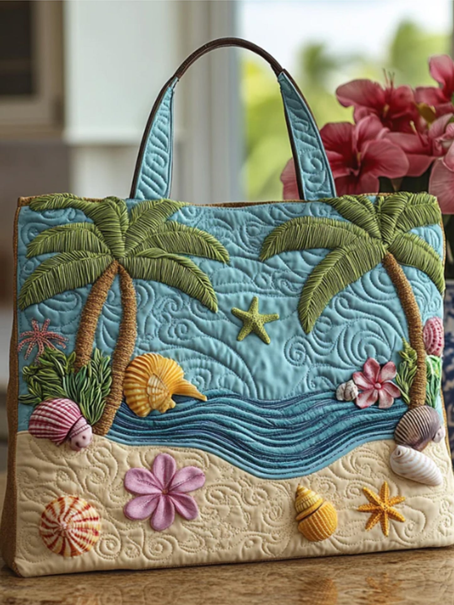 Ocean   Beach   Starfish  Seashells  Print  Quilted Tote Gag