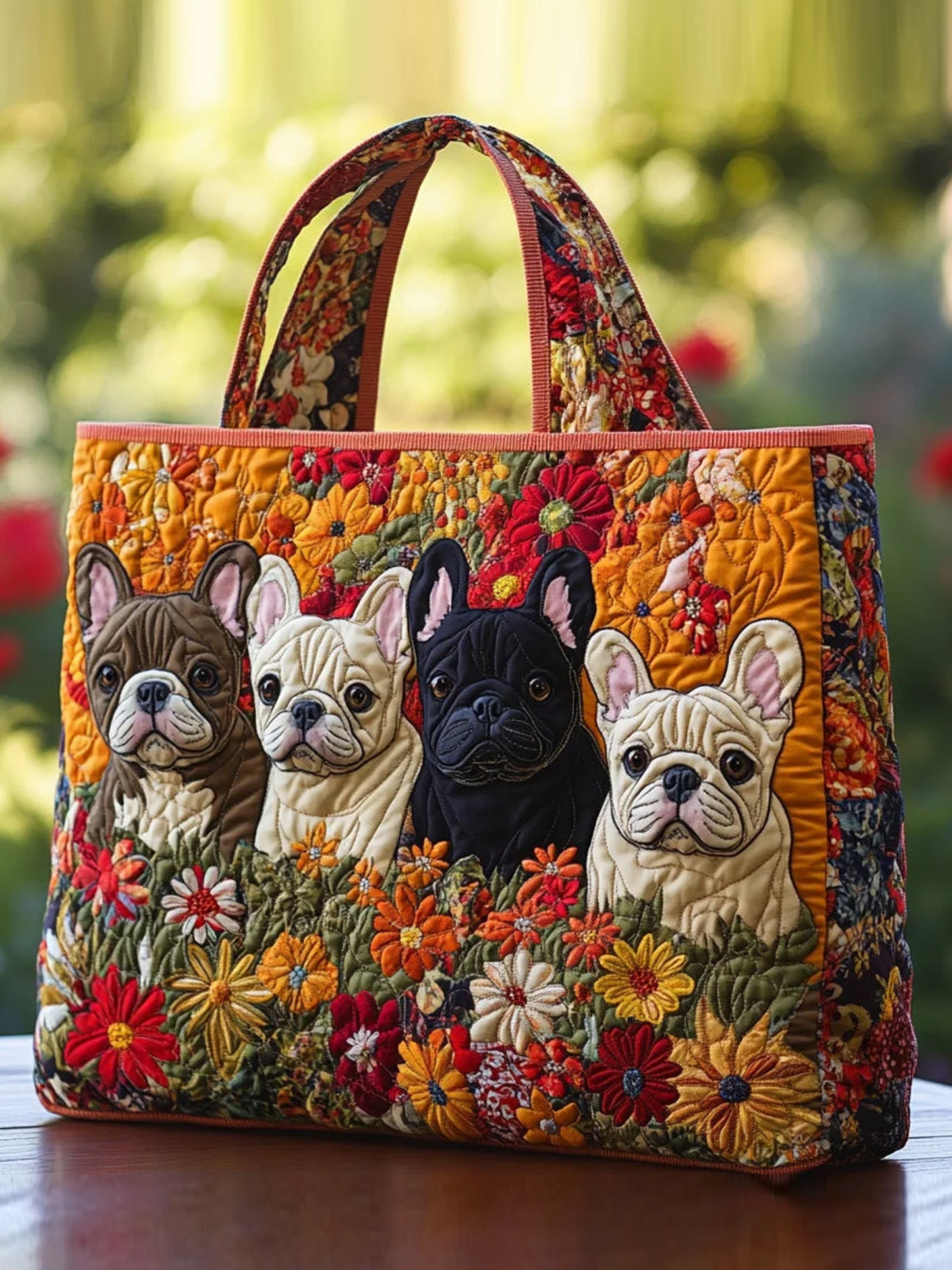 Quilted handbag with puppy and flower pattern
