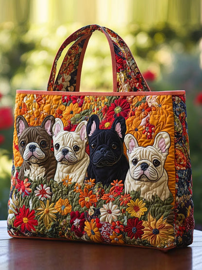 Quilted handbag with puppy and flower pattern