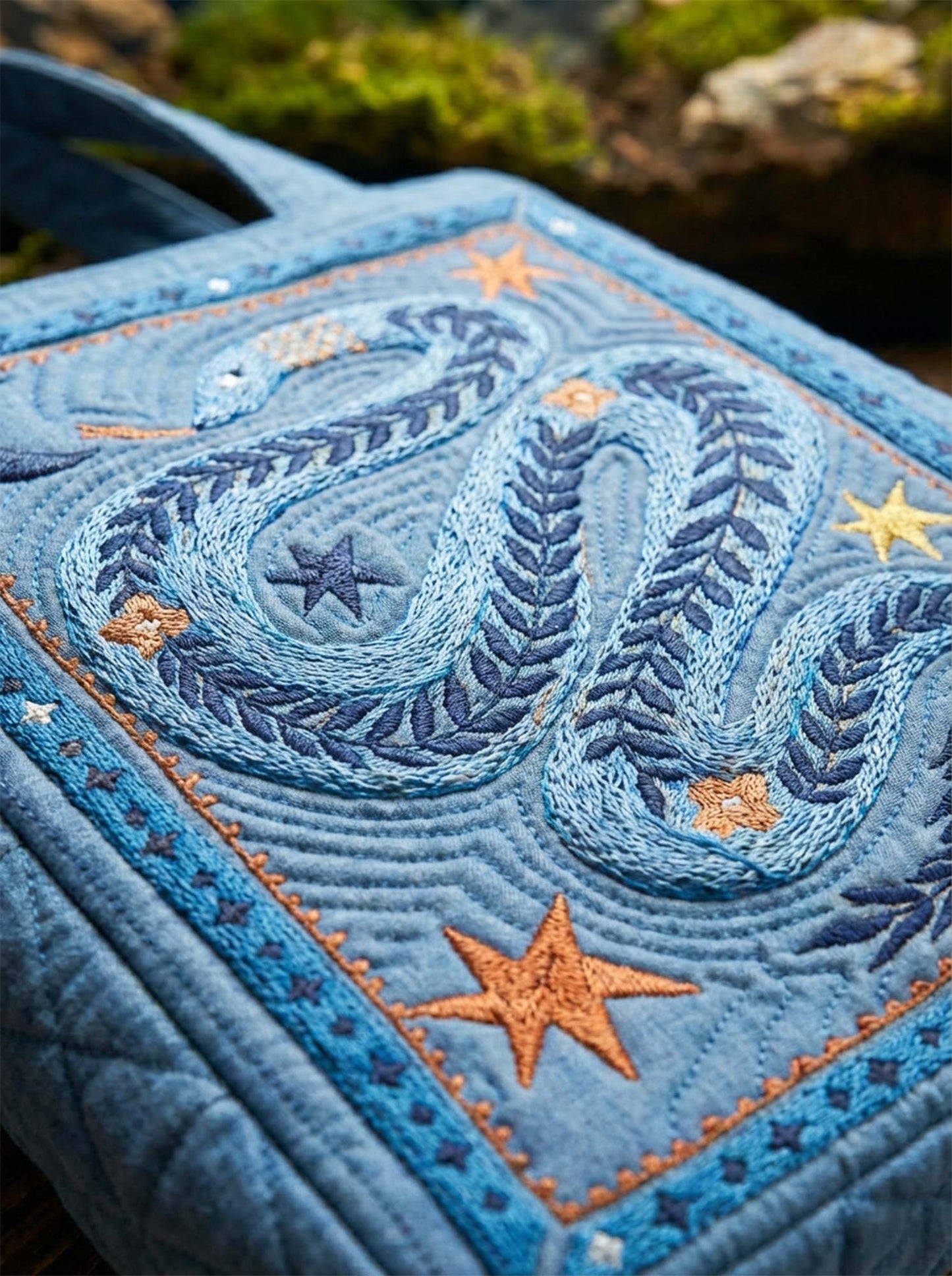 Moon Blue Snake Quilted Tote Bag