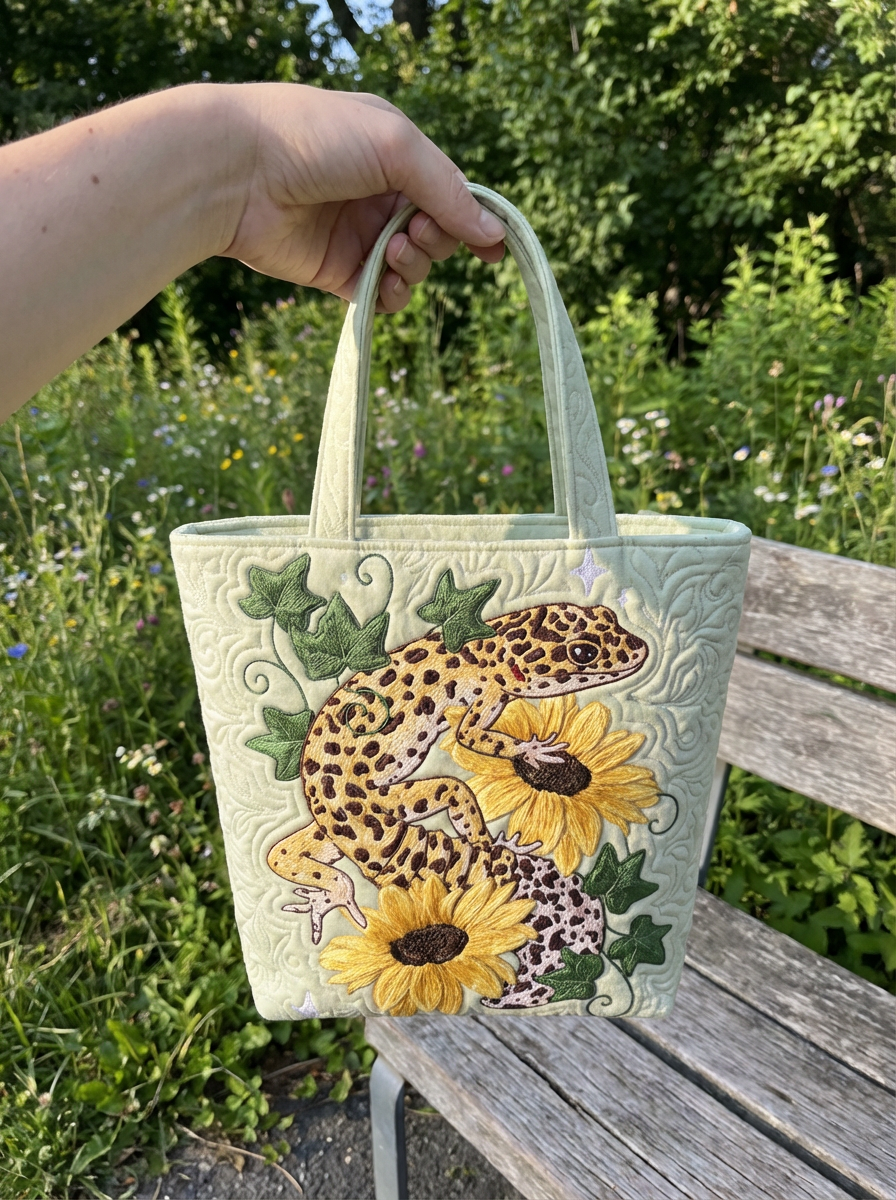 Gecko And Flower Quilted Tote Bag