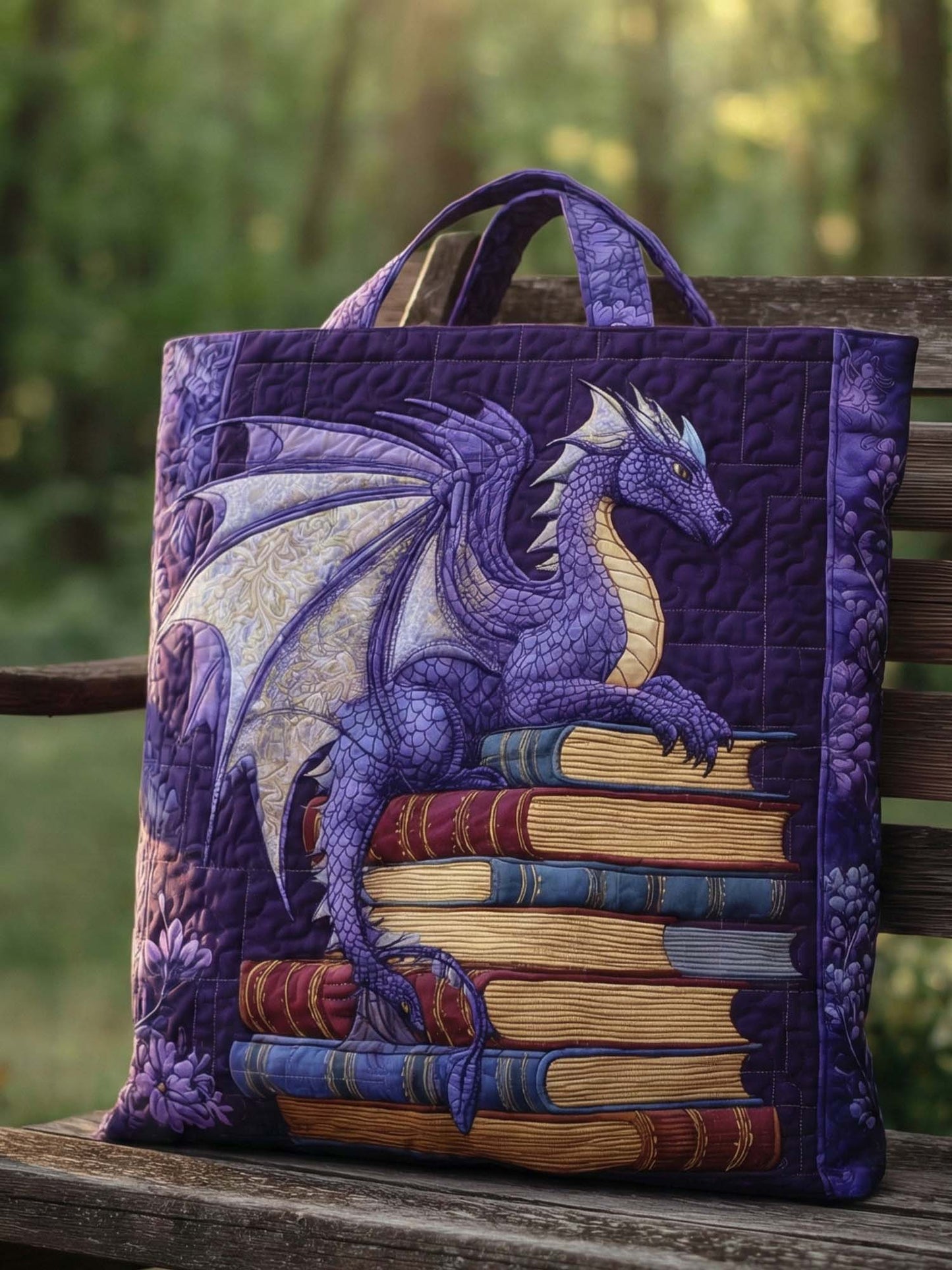 Purple Dragon And The Book Quilted Tote Bag