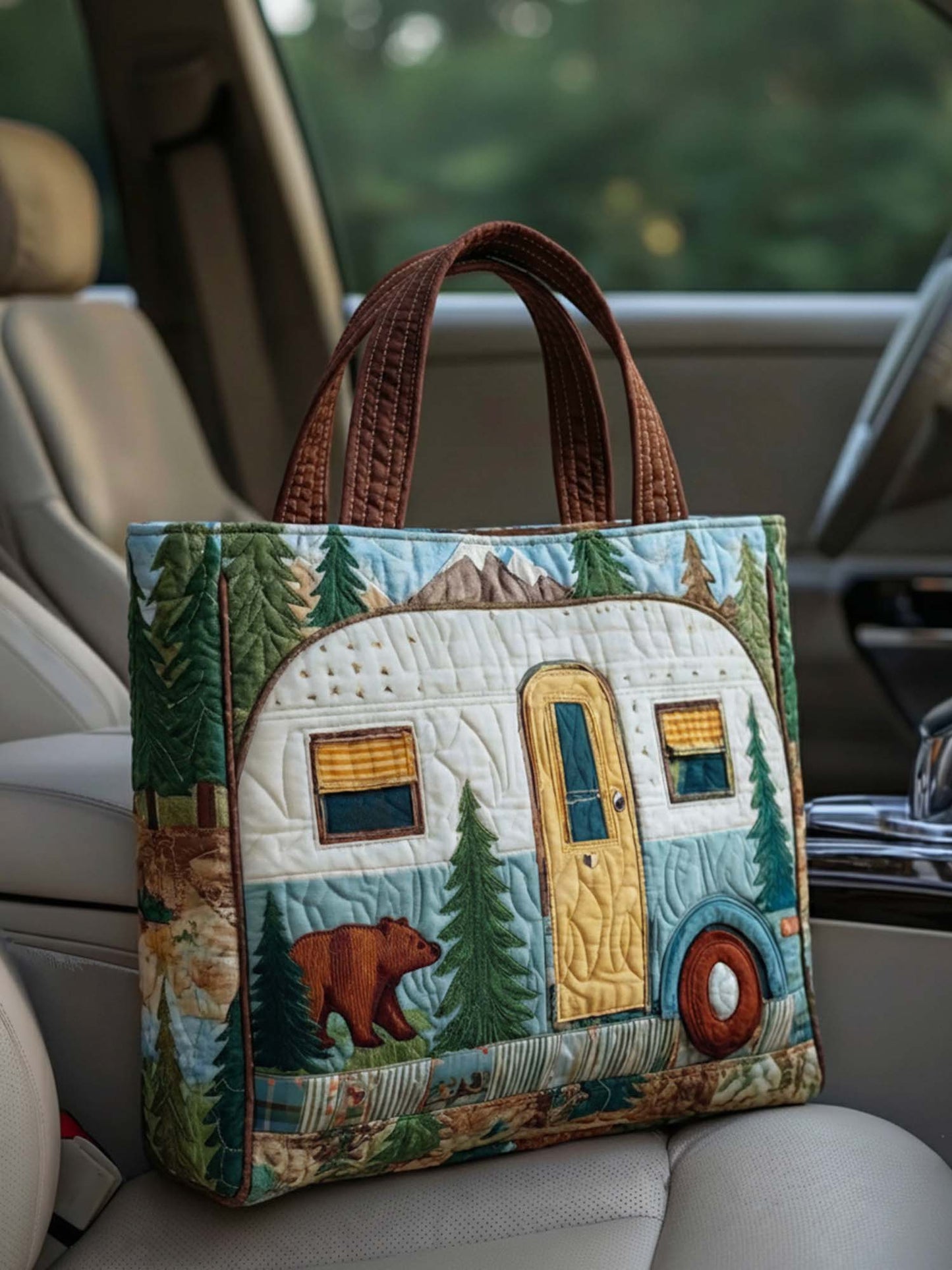 The Bear and the Camping Van Quilted Tote Bag