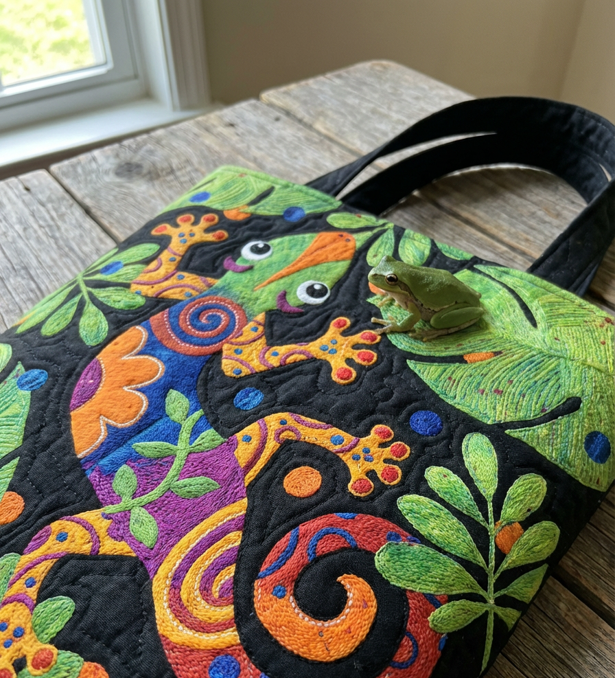 Gecko And Leaves Quilted Tote Bag