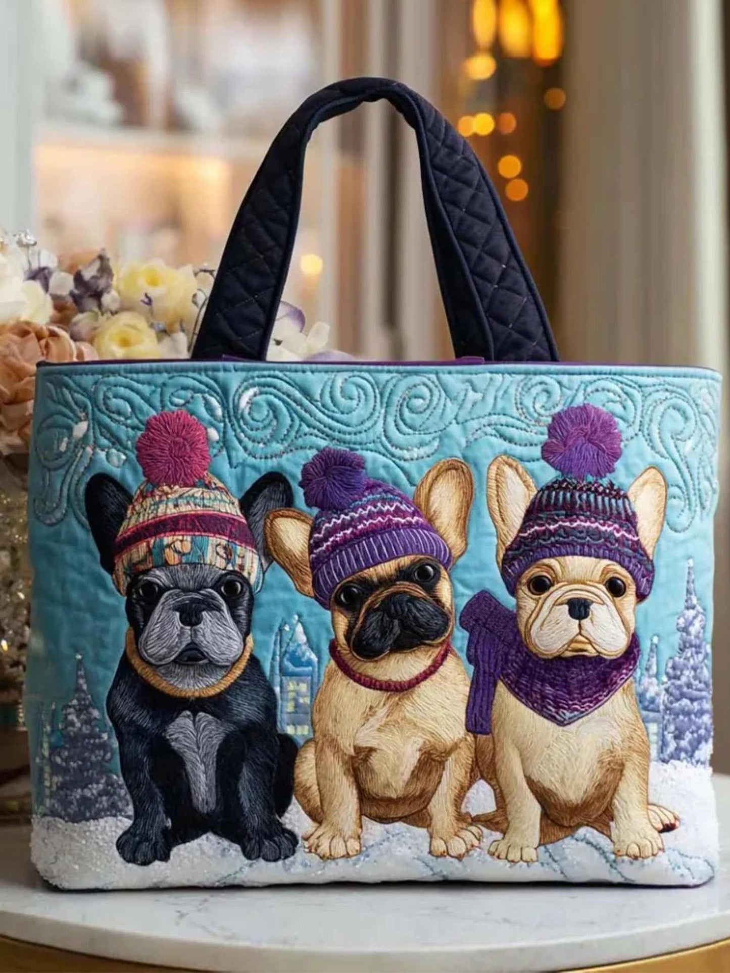 Winter French Bulldog Quilted Tote Bag