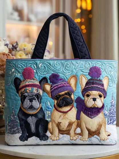 Winter French Bulldog Quilted Tote Bag