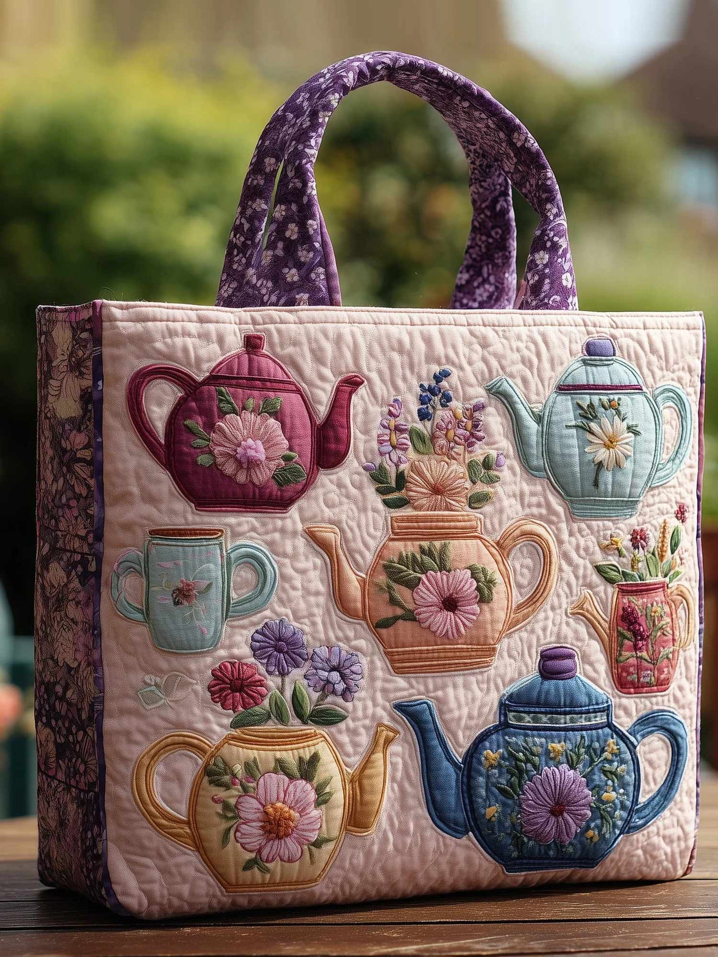 Floral Teapot Quilted Tote Bag
