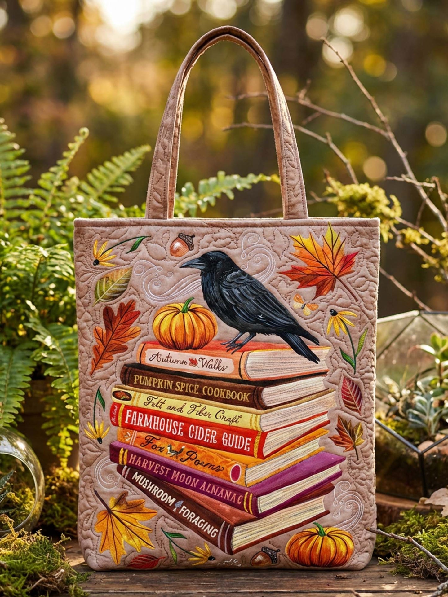 Book And Crow Nature Quilted Tote Bag