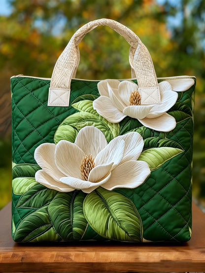 3D White Magnolia Quilted Tote Bag