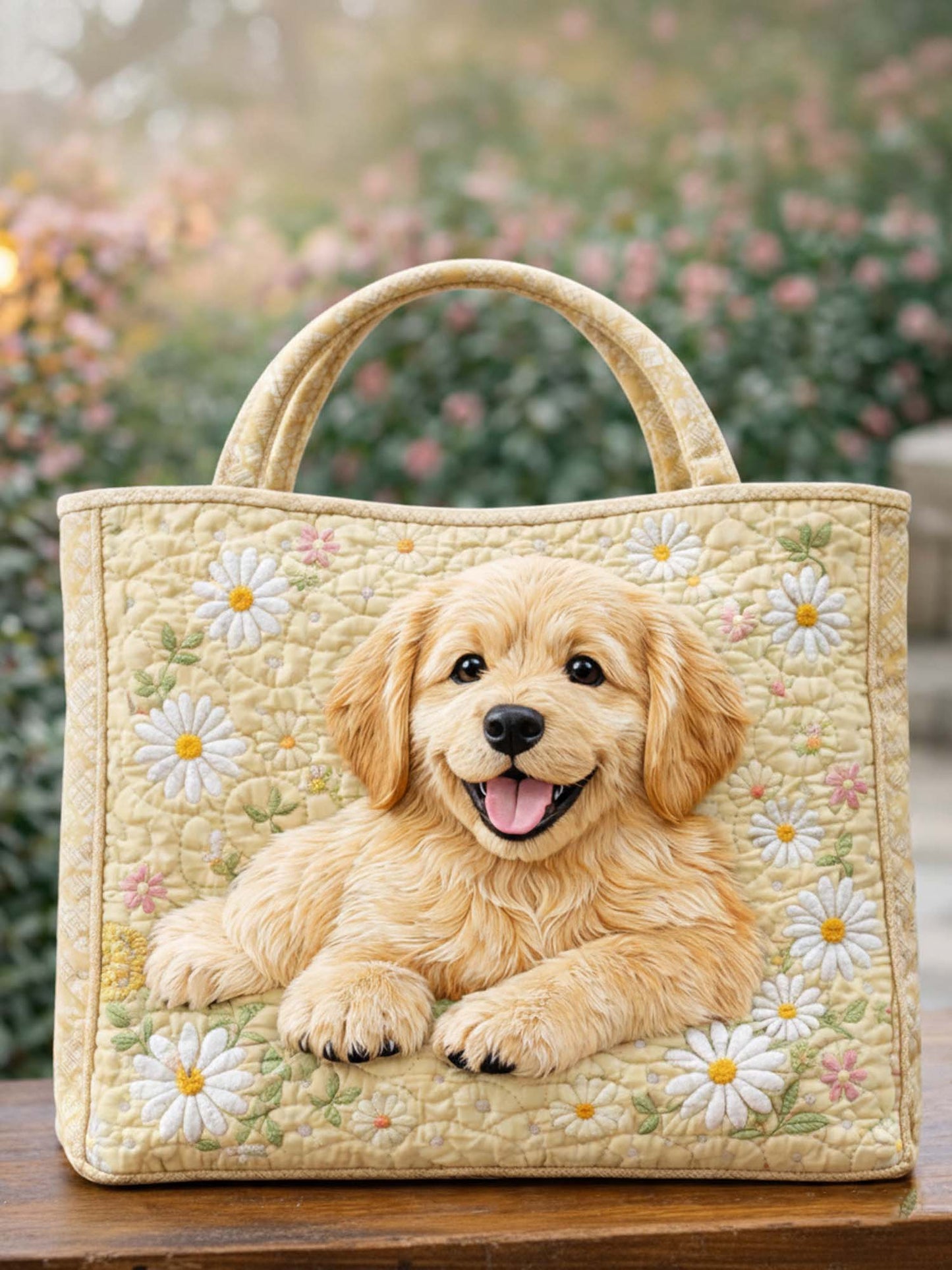 Golden Retriever And Flowers Quilted Tote Bag