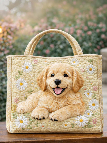 Golden Retriever And Flowers Quilted Tote Bag