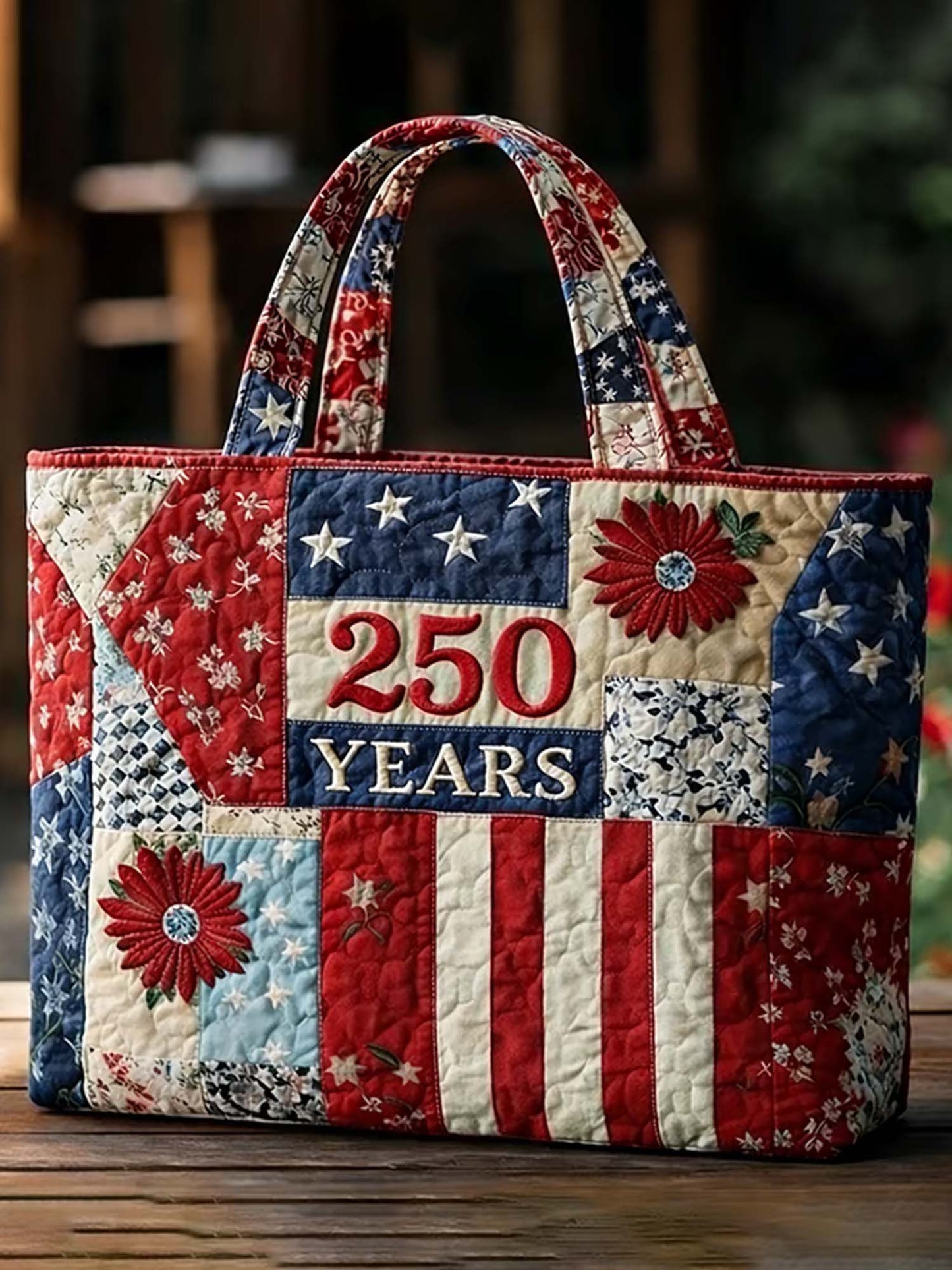 US  Anniversary Retro Floral Quilted Tote Bag