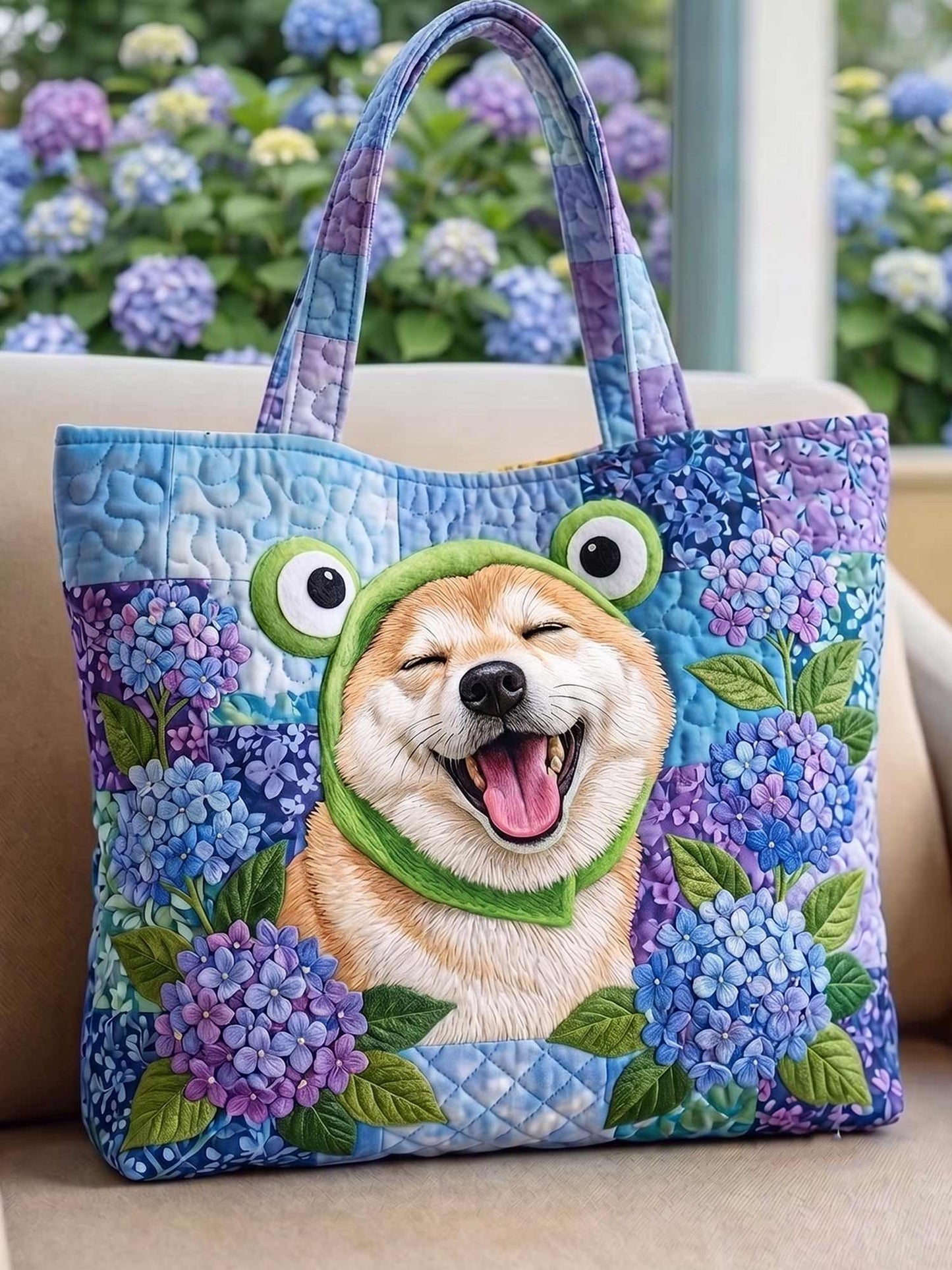 Frog Hat Hydrangea Shiba Inu Quilted Tote Bag