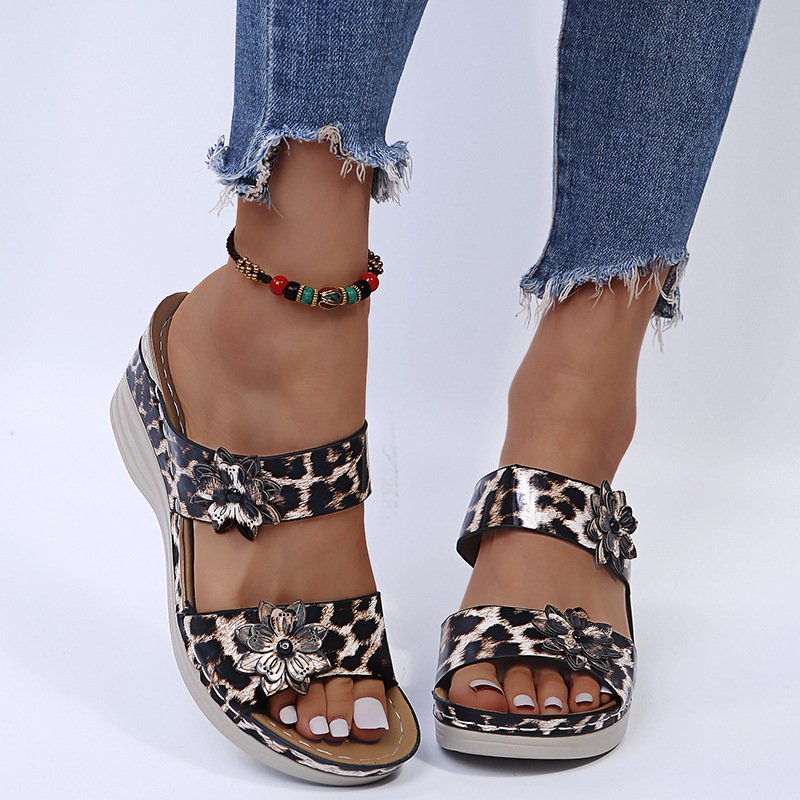 2024 🌹New Leopard Print Leather Wedge Soft Sole Sandals