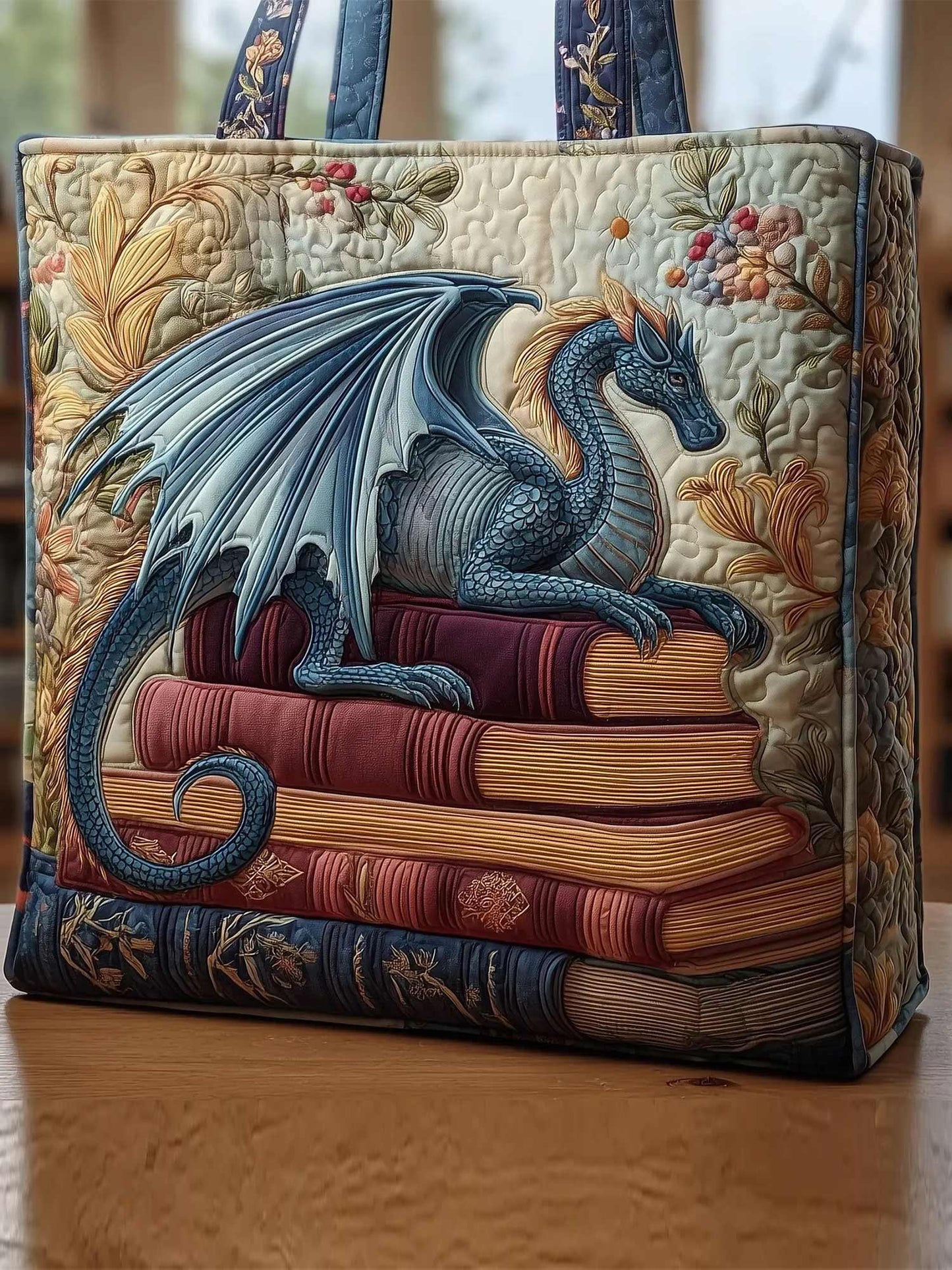 Book Dragon Quilted Tote Bag