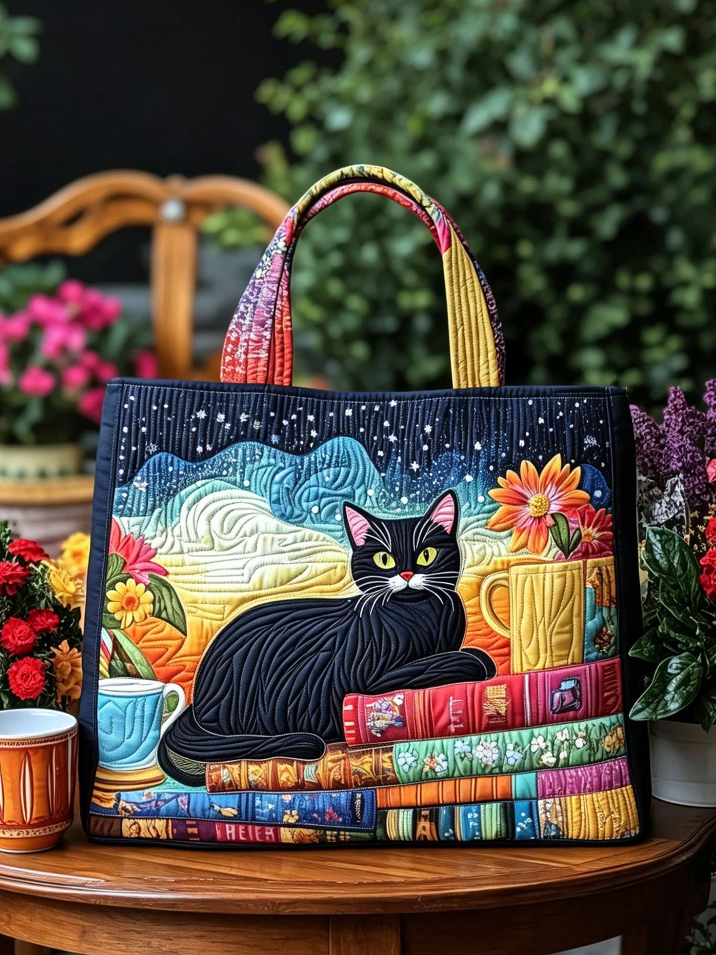 Cat and Book Quilted Tote Bag