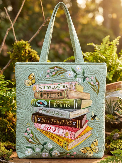 Book And Nature Quilted Tote Bag