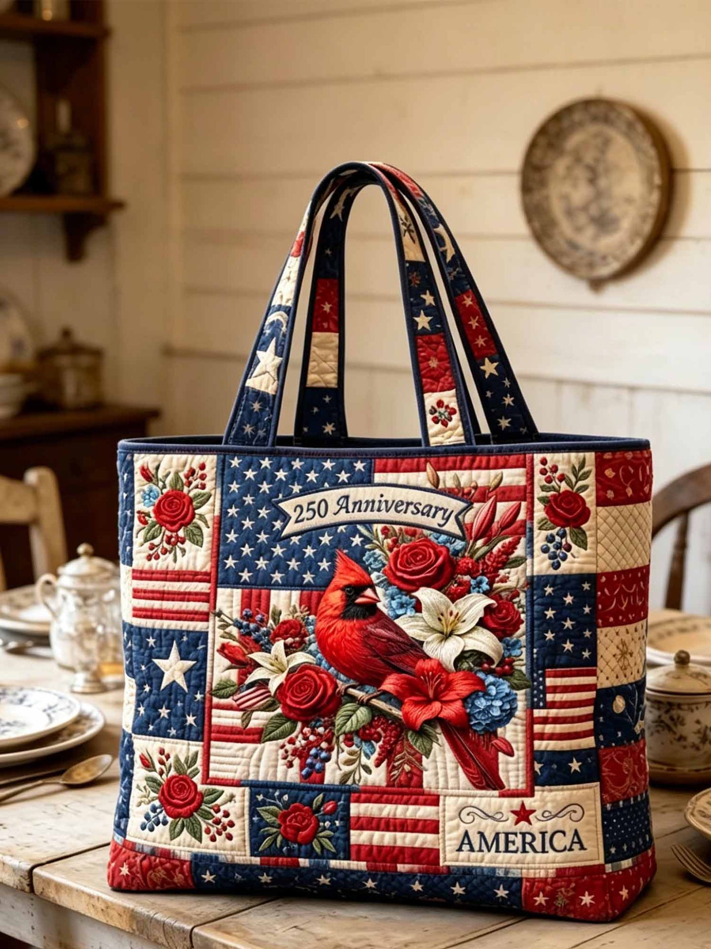 Freedom Cardinal Quilted Tote Bag