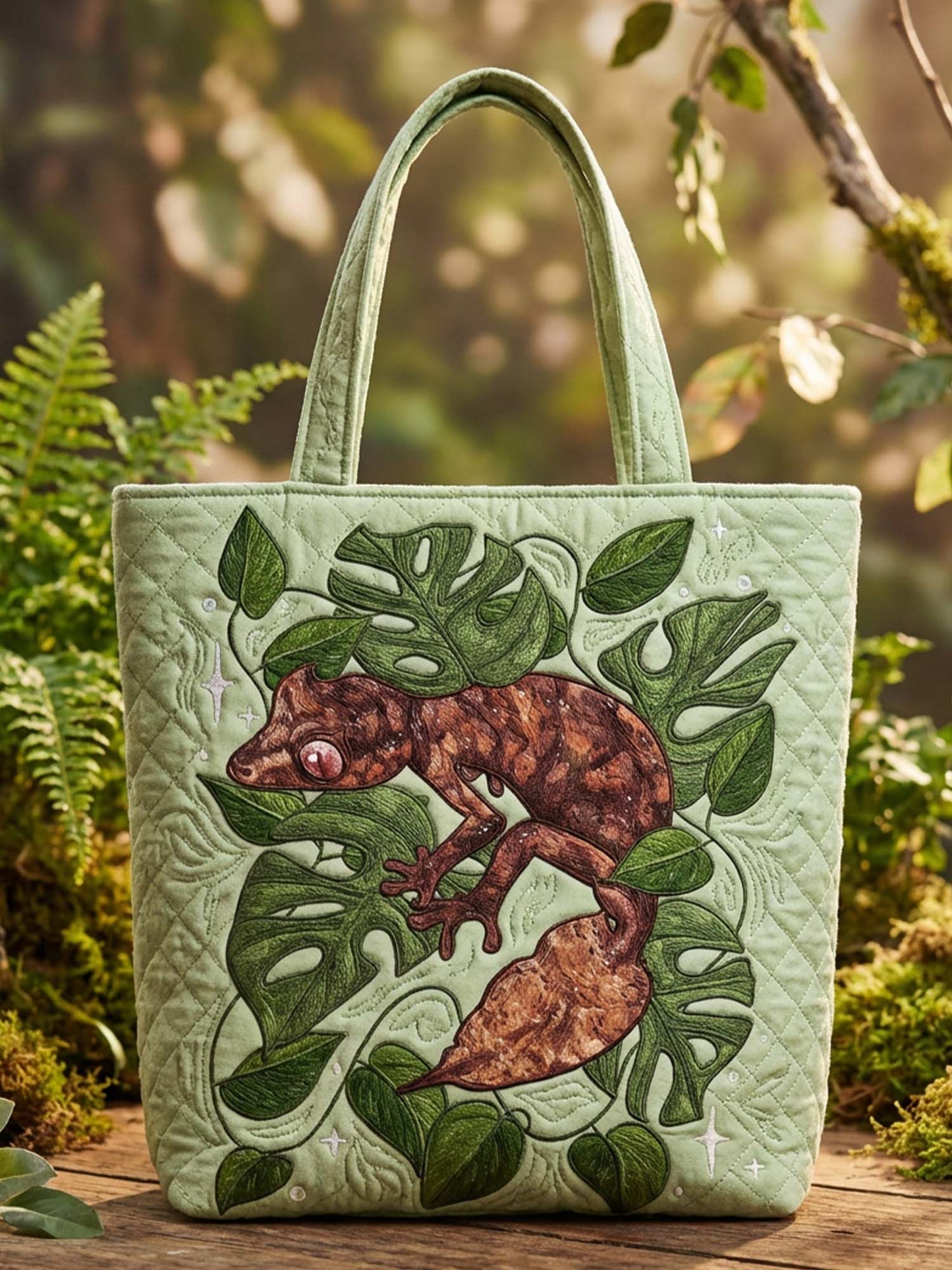 Gecko and Leaves Quilted Tote Bag