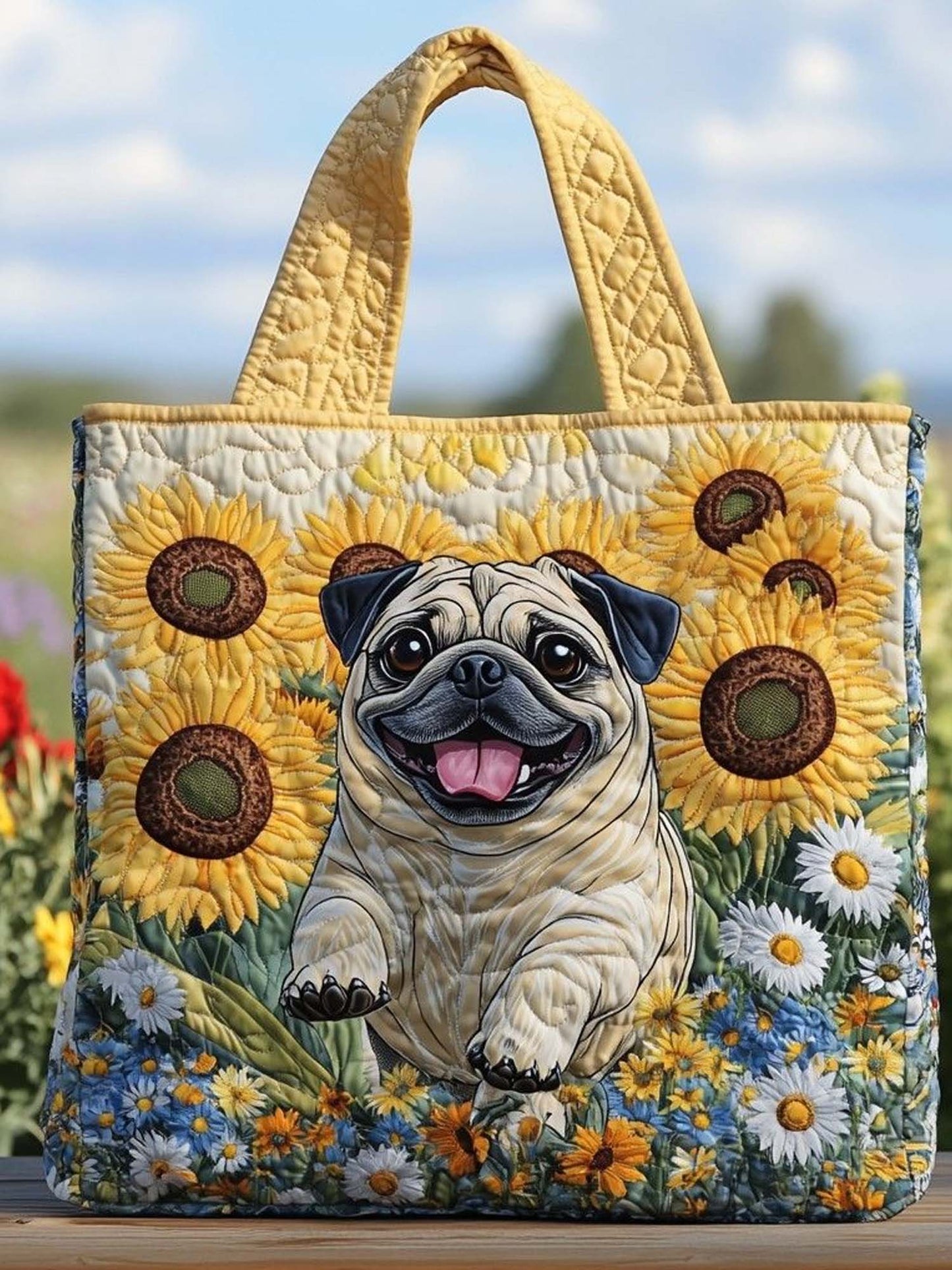 Pug Dog And Flower Quilted Tote Bag
