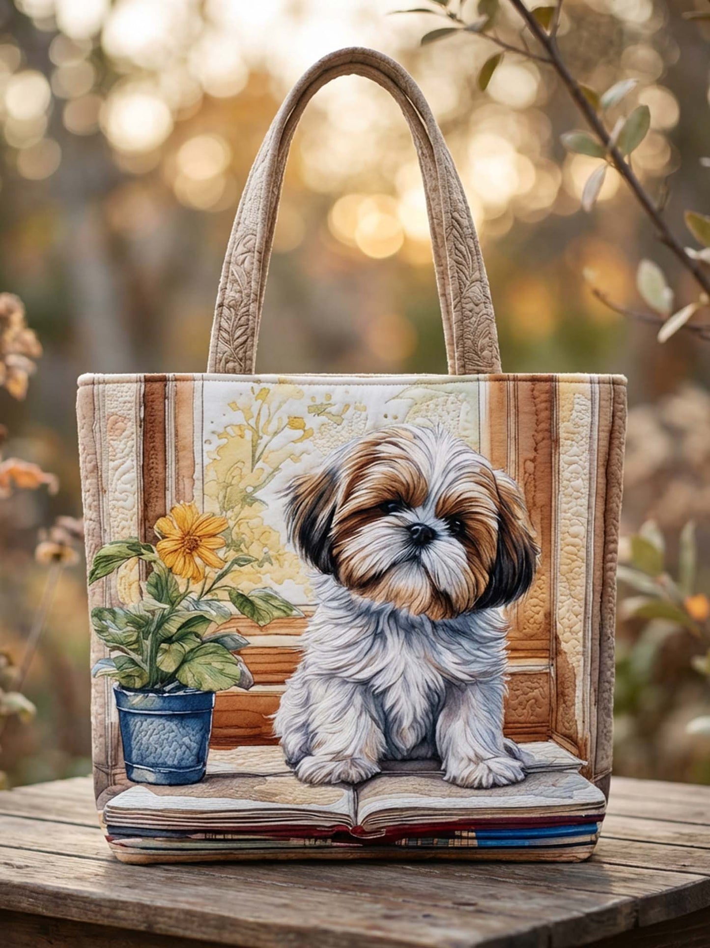 Shih Tzu Dog And Flower Quilted Tote Bag