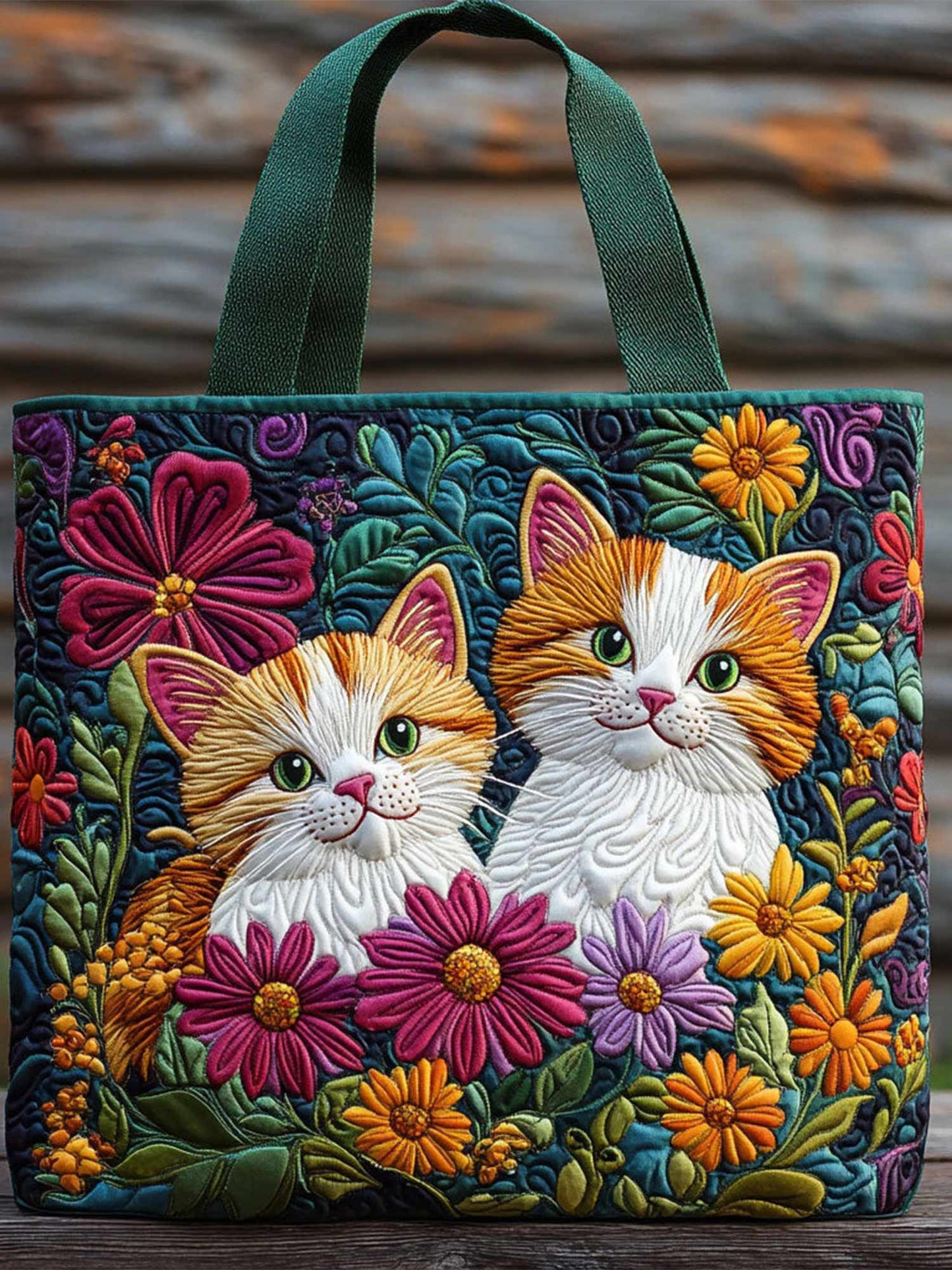 Cats and flowers Quilted Tote Bag